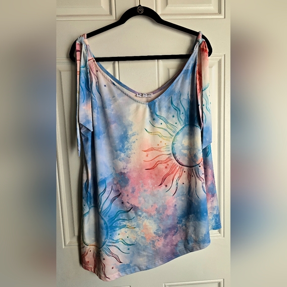 Beyond This Plane Tops - "Beyond This Plane" Colorful Celestial Sun Top, Plus Size 1XL, Asymmetrical Hem